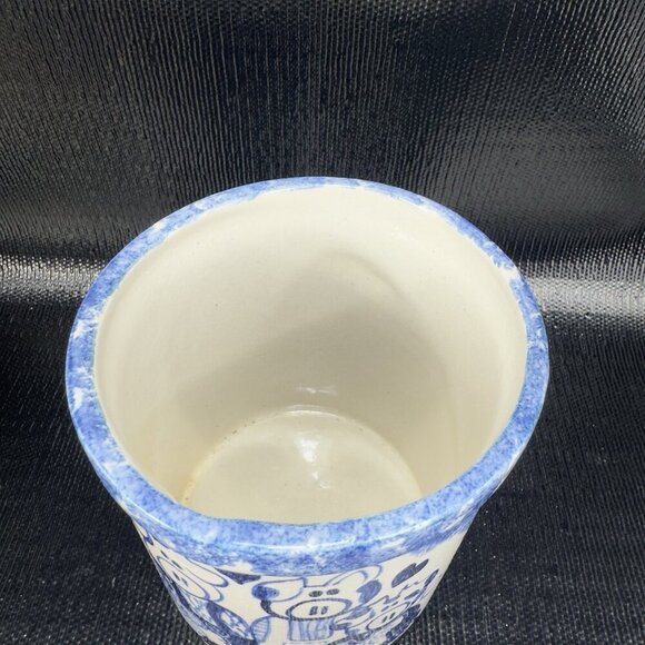 Farmhouse Pig Kitchen Utensil Vase Container Hand Made Signed Blue Gray Pottery - Picture 9 of 12